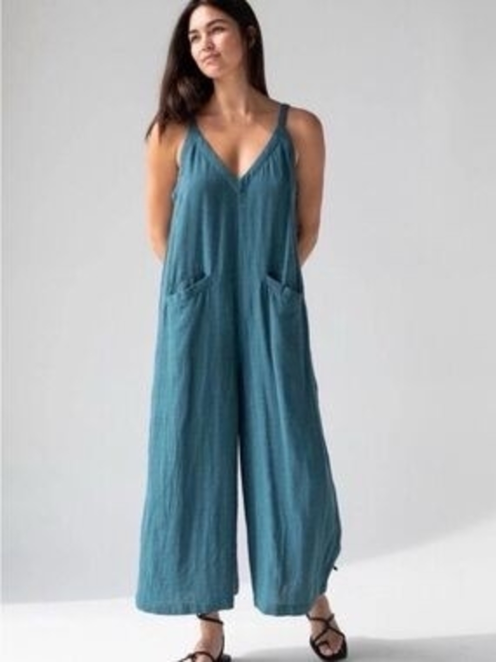 Natural Life Wide Leg 100% Cotton Jumpsuit Adjustable Straps Size L Teal Boho